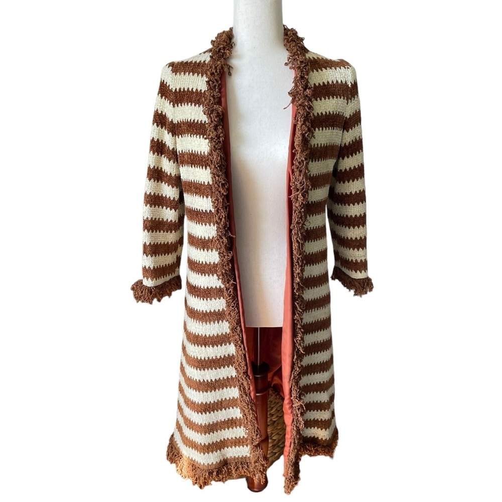 Vintage 60's-70's Youth Guild Chenille Open Front Sweater Jacket Zig Zag Stripes